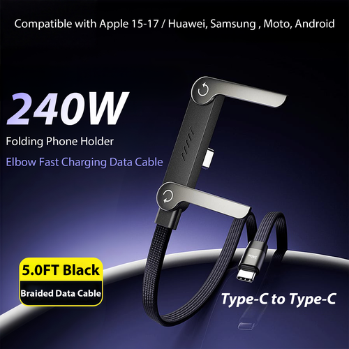 ⚠️ Type-C to Type-C Only | Not Compatible with iPhone 14 & Earlier | ⚡Official Authorized | MFi-Certified Cables🔥 2-in-1 Cable 240W Fast Charging with Phone Stand (Compatible with Apple 15-17, Huawei, Samsung, Moto, Android)
