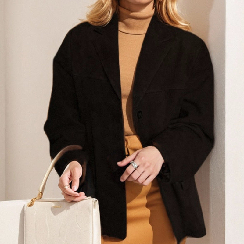 Vintage Style Loose Suede Long-Sleeve Blazer with Pockets for Women